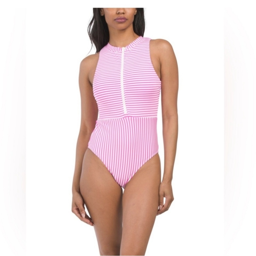 NWOT Splendid hot Pink and White Striped One Piece 1/4 zip front Swimsuit - XS
